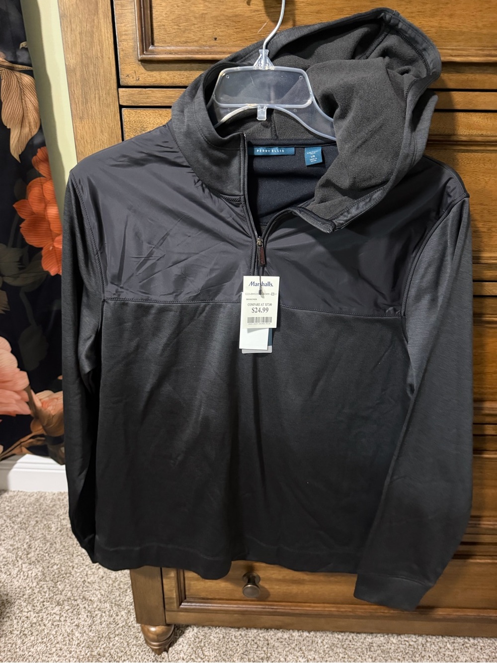 Perry Ellis Black Hooded Quarter-Zip Pullover